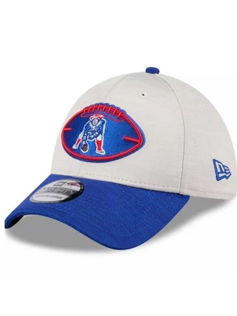 NWT Men's Stone/Royal New England Patriots 2024 Sideline Historic 39THIRTY Flex